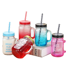 Custom Printing Gradient Color Fashion Design Glass Mason Cup with Lid And Straw