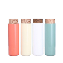 400ml Simple Design Stainless Steel straight Tumbler printed Water Bottle with Wooden Grain Lid