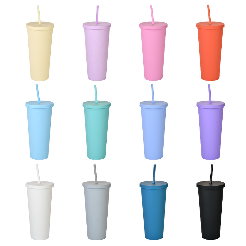 24oz Hot Sell Colorful Double Wall Plastic Straw Tumbler Bpa Free New Design Coffee Mug