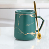 400ml New Sale Porcelain Golden Marble Mug Set Gift Use Golden Line Drawing Ceramic Coffee Mug with Lid And Spoon