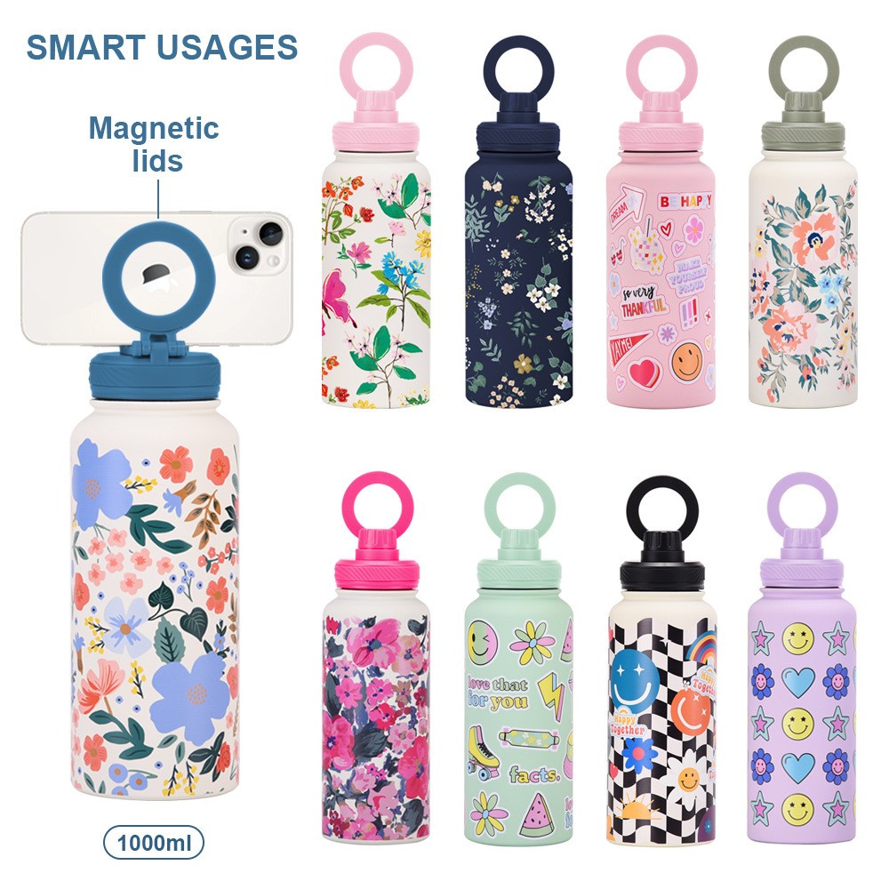 wholesale 1000ml Double Wall Stainless Steel Gym Sport Bottle Magnet Phone Holder Portable Insulated Water Bottle with Custom Logo