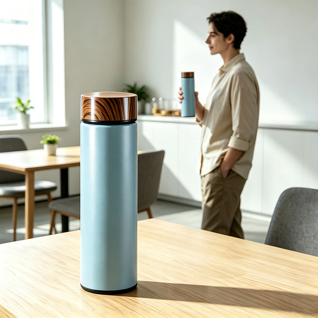 Wholesale 500ml Wooden Grain Lid Insulated Stainless Steel Water Bottle