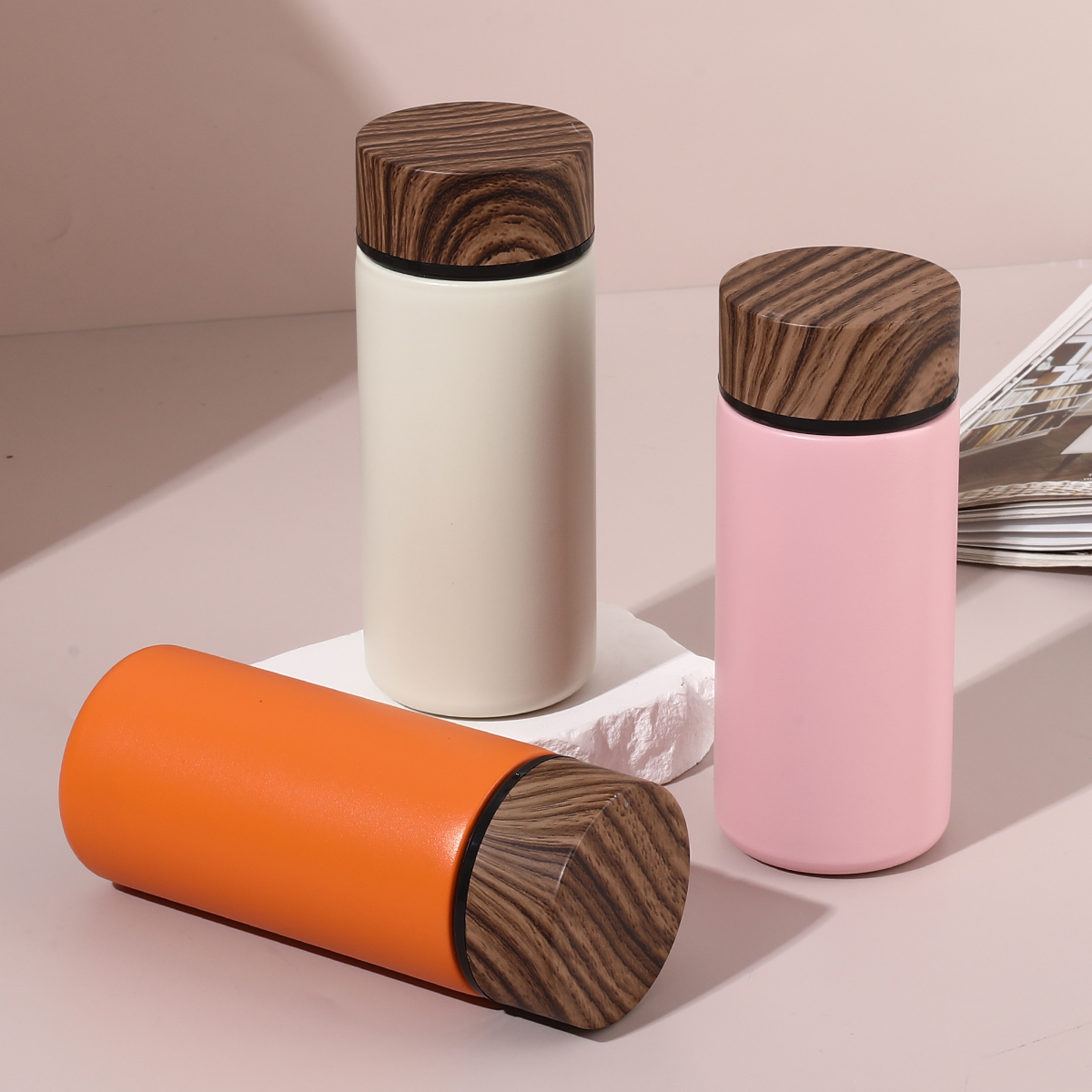 Wholesale Hot Sales 280ml Pocket Stainless Steel Water Bottle with Durable Wood Grain Lid