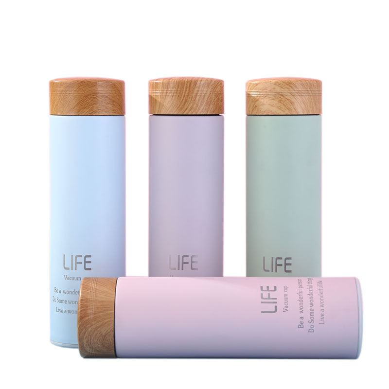 500ml Custom Design Stainless Steel Straight Thermos Water Bottle with Wooden Grain Lid