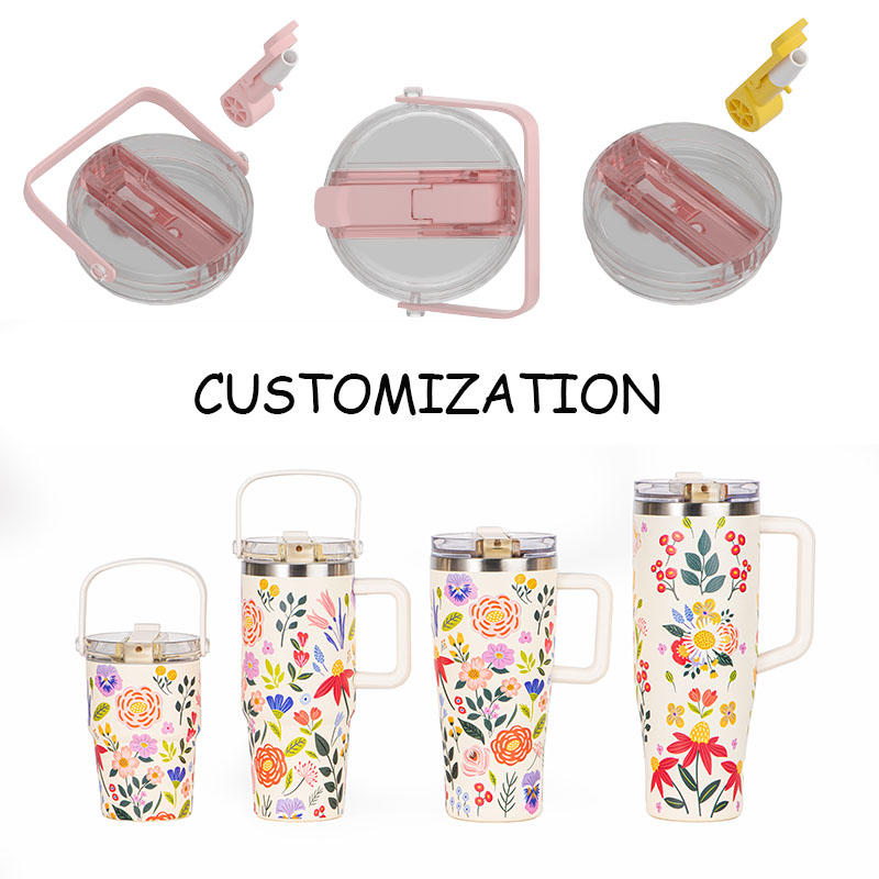 Custom 40oz Tumbler with Handle and Straw | Floral Print Insulated Stainless Steel Cup | OEM Travel Mug for Car Office Camping