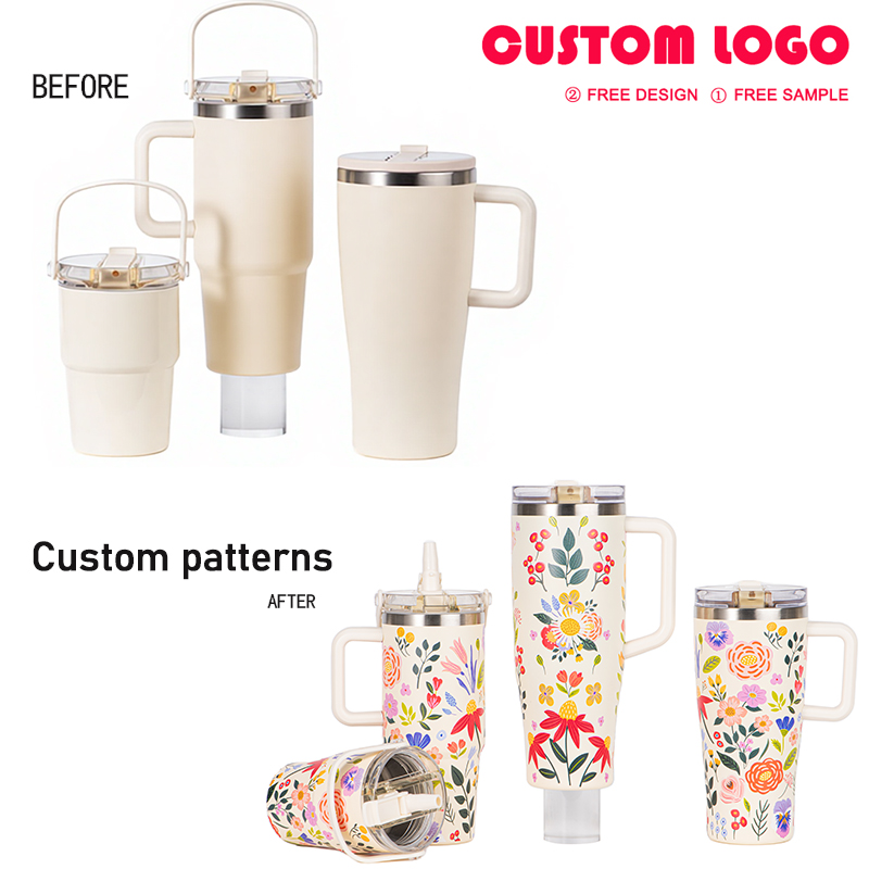 Custom 40oz Tumbler with Handle and Straw | Floral Print Insulated Stainless Steel Cup | OEM Travel Mug for Car Office Camping