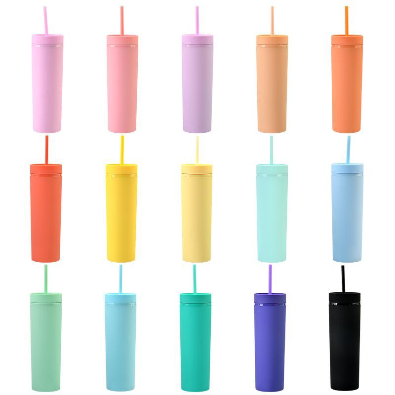 450ml 16oz Hot Sell BPA Free Colorful Cold Water Bottle Double Wall Plastic Tumbler with Straw
