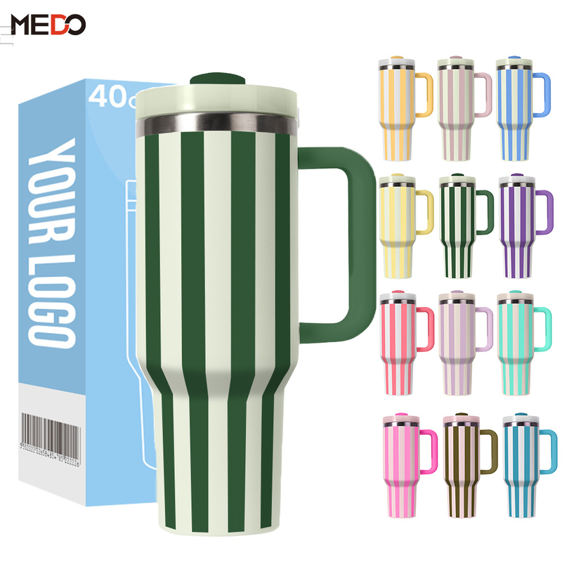 Wholesale New Stainless Steel Striped 40oz Tumblers with Handle and Straw Lid -Vacuum Insulated Tumbler for Iced Tea and Coffee