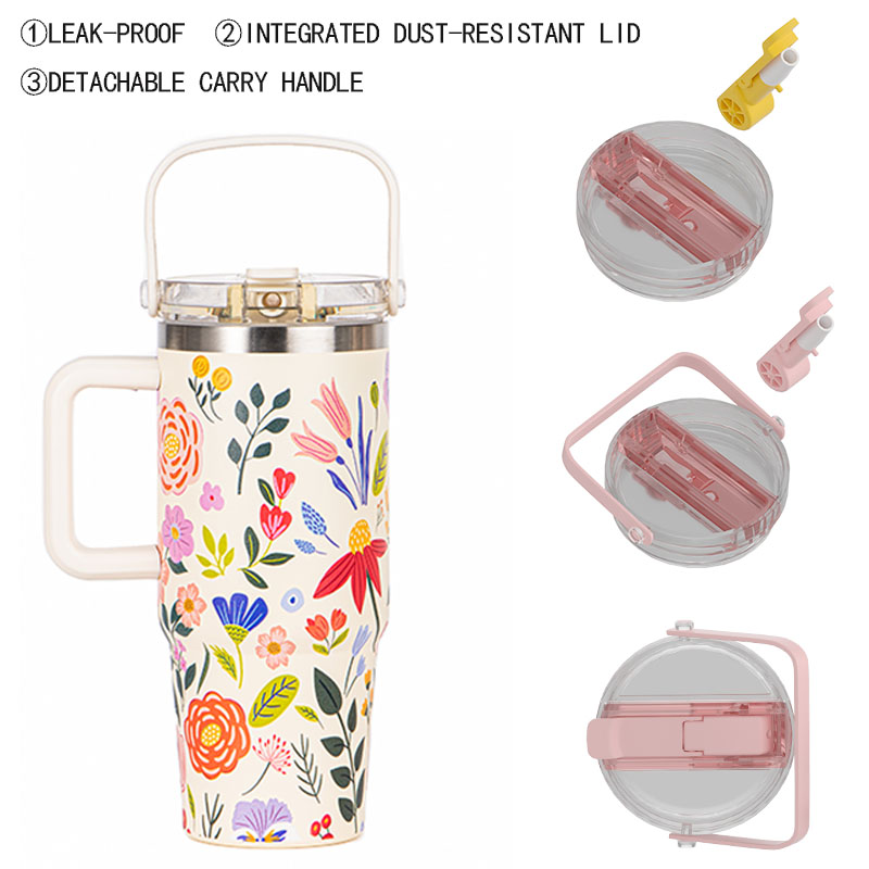Custom 40oz Tumbler with Handle and Straw | Floral Print Insulated Stainless Steel Cup | OEM Travel Mug for Car Office Camping