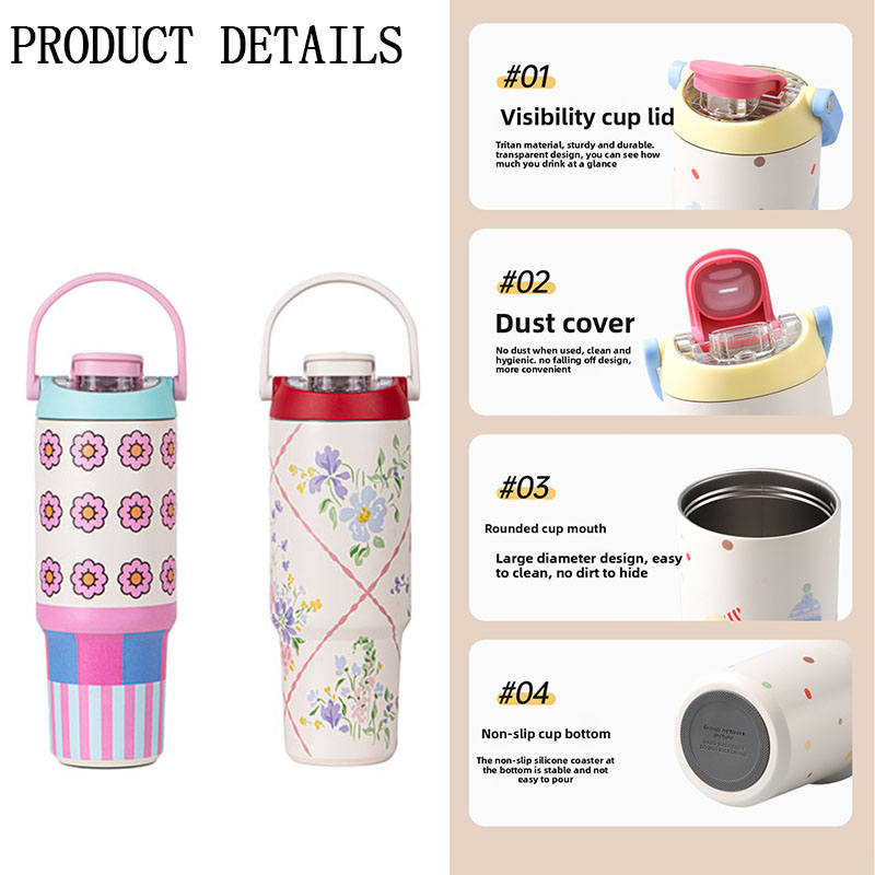 900ml Cute Tumbler with Handle and Straw | 316 Stainless Steel Insulated Cup | Custom Pattern Travel Mug for Women Girls