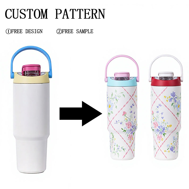 900ml Cute Tumbler with Handle and Straw | 316 Stainless Steel Insulated Cup | Custom Pattern Travel Mug for Women Girls