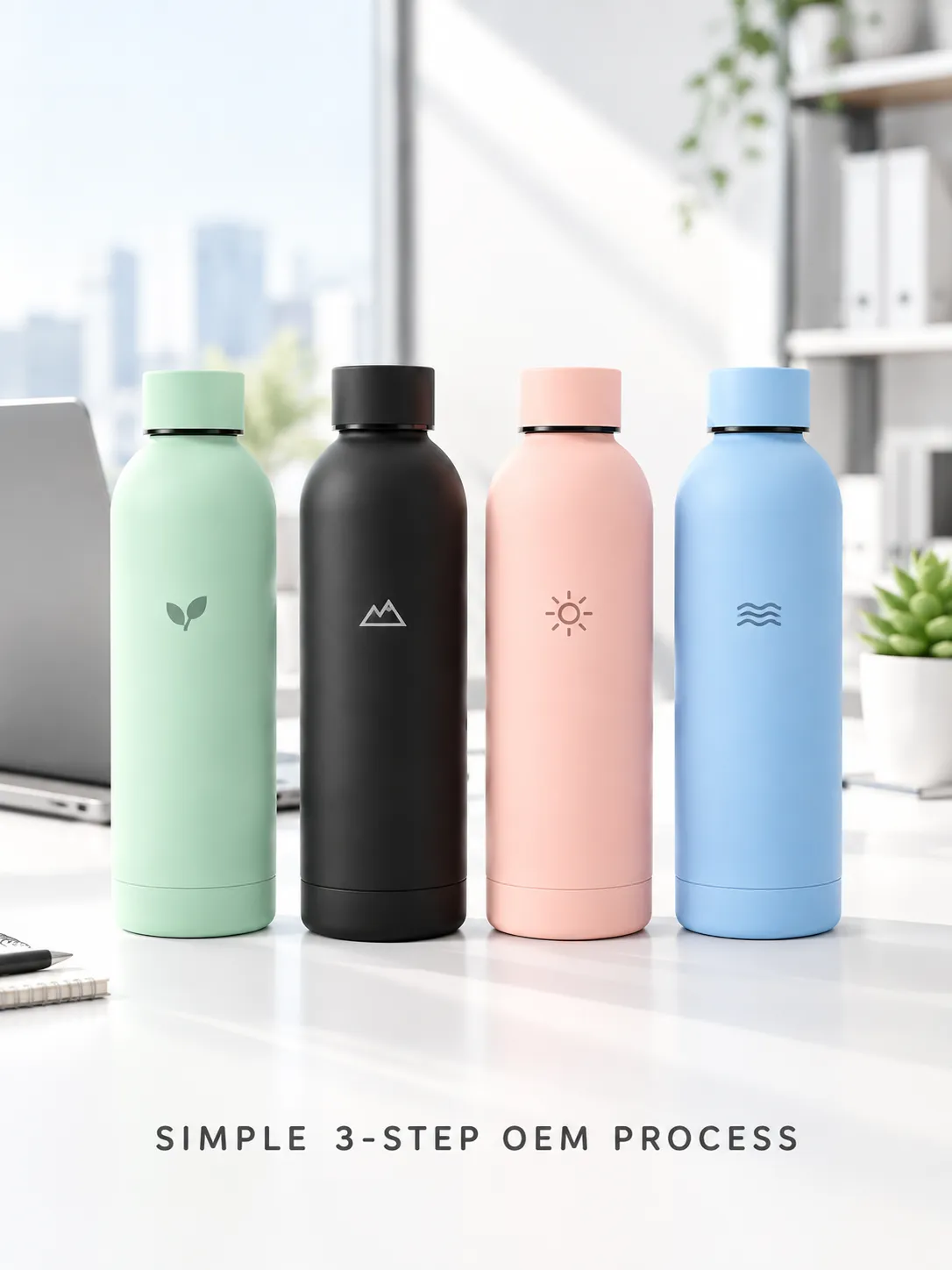 Office Display of Four Minimalist Thermos Flasks.webp