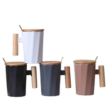 380ml New Design Printing Wooden Handle Ceramic Mug with Lid And Spoon