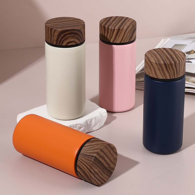 280ml Mini Stainless Steel Water Bottle with Wood Grain Lid - Perfect for On-the-Go Hydration