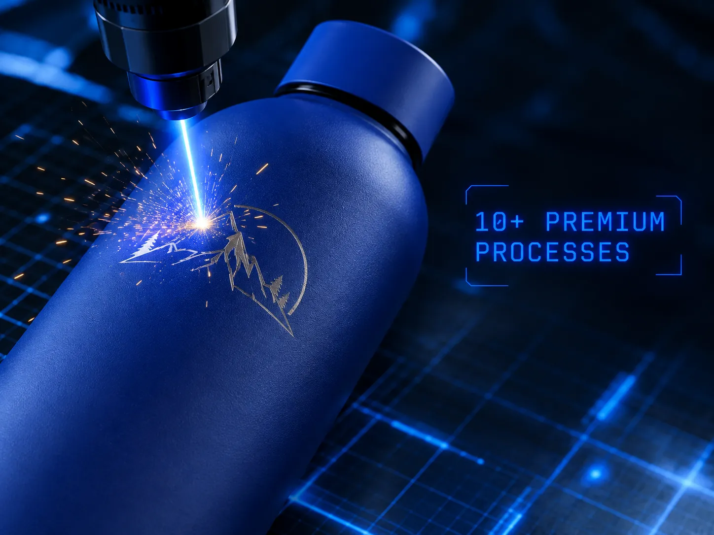 Laser-engraved blue high-tech water bottle.webp